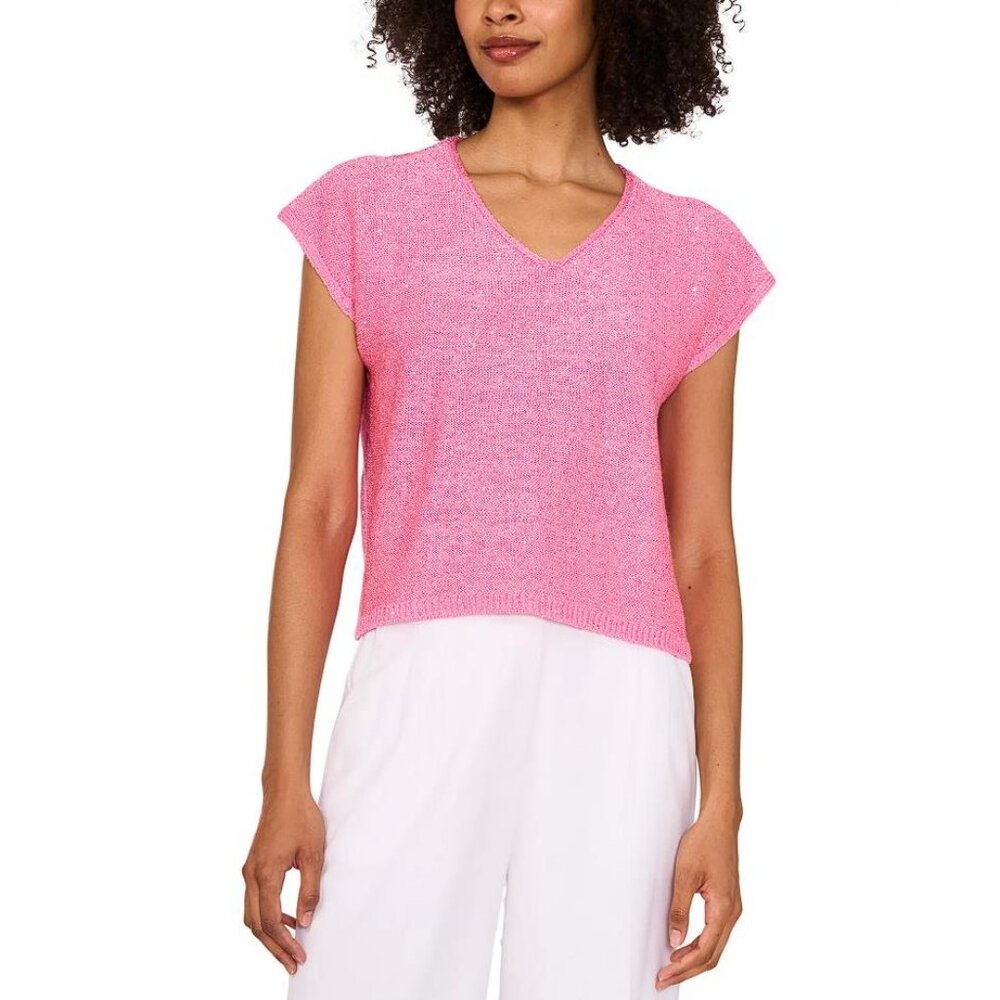 VINCE CAMUTO Women's Shine V-Neck Cap-Sleeve Sweater Size M In Bloom Shine